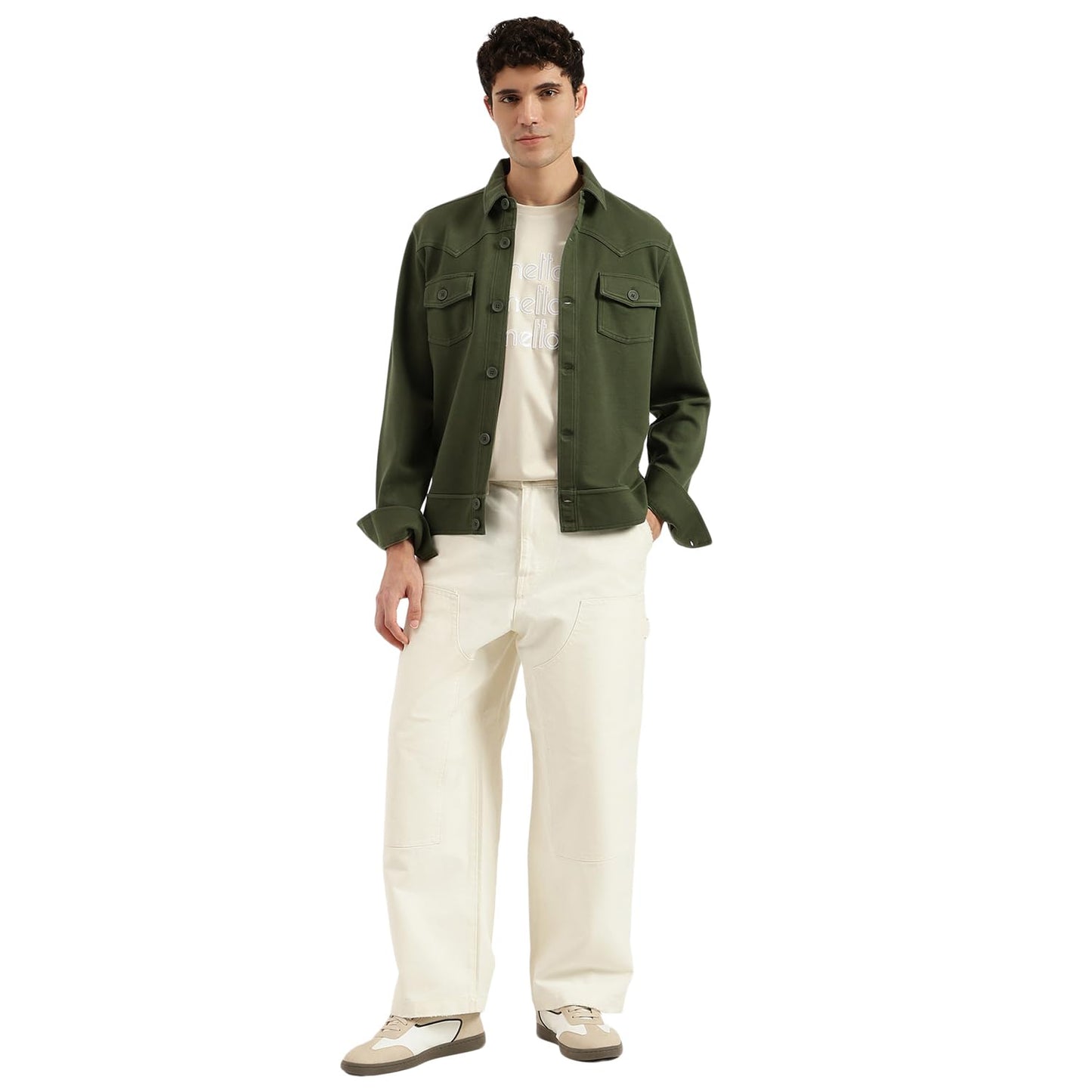 United Colors of Benetton Regular Fit Spread Collar Solid Twill Knit Washed Jacket