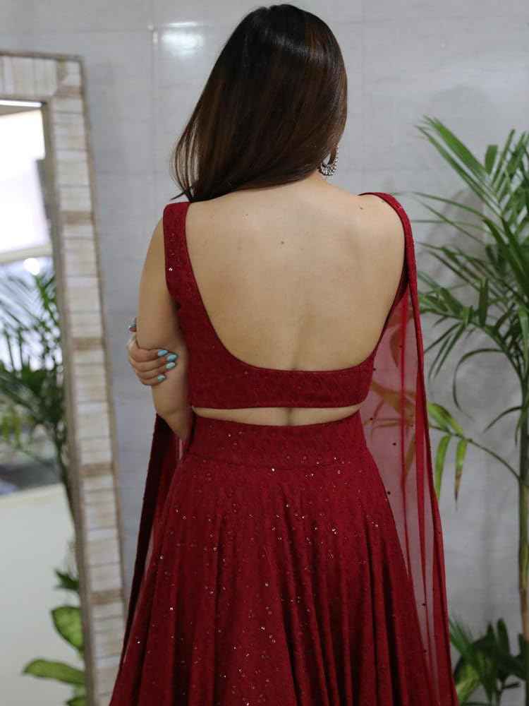 Zeel Clothing Women's Sequins Thread Embroidered Georgette Semi-Stitched Lehenga Choli With Dupatta (5124-Maroon-Women-Lehenga-Choli-Latest,Free Size)