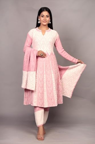 The Zigar Studio Woolen Kurta Set With Pants and Dupatta - Stitched Embroidery Suit Set with Pants and Dupatta-Floral Embroidery Woolen Kurta Set for Women Pk-Fullhair-Pink-L