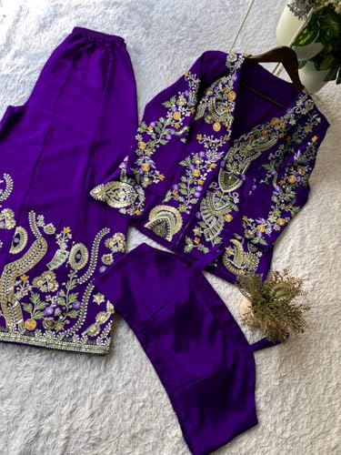 MARUTI FASHION HOUSE Plazzo Set Indo-Western Draped Set For Womens And Girls Ready To Wear Party Koti With Sharara Hevay Apple Chinon Silk Fabric With Work Multi Thread Embroidery Work (Nevy Blue)