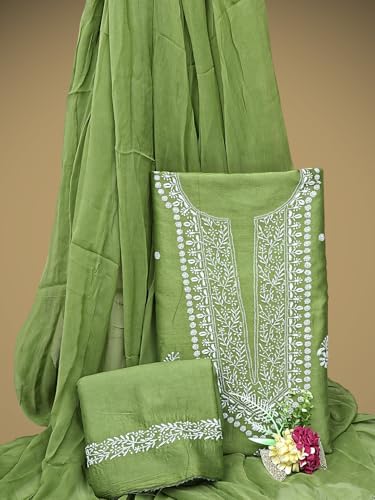 Ada Hand Embroidered Lucknowi Chikankari Unstitched Chanderi Dress Material Suit Piece with Dupatta for Women 01A791846 Mehndi Green