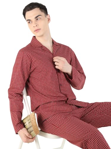 Hancock Men Cotton Checked Relaxed Fit Night Suit Red Size S