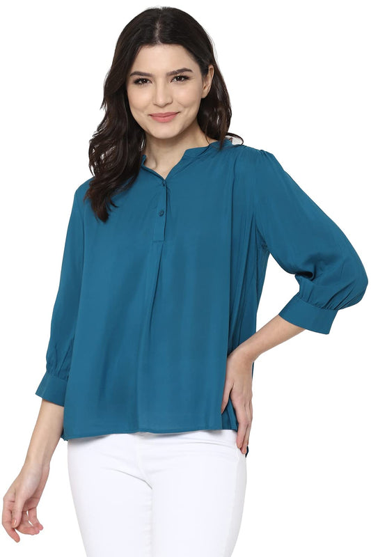 Allen Solly Women's Solid Regular Fit Blouse (AHTSWRGFL48496_Blue S)
