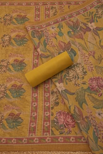 Soch Womens Mustard Linen Shimmer Embroidered Unstitch Dress Material With Thread Work