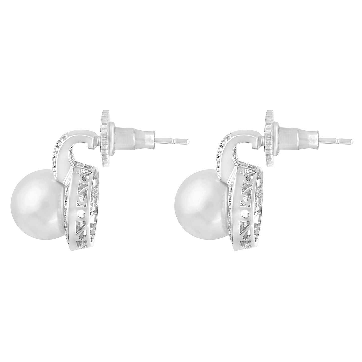 Peora Silver Plated Cubic Zirconia & Pearl Studded Hoop Earrings Stylish Fashion Jewellery Gift for Women & Girls