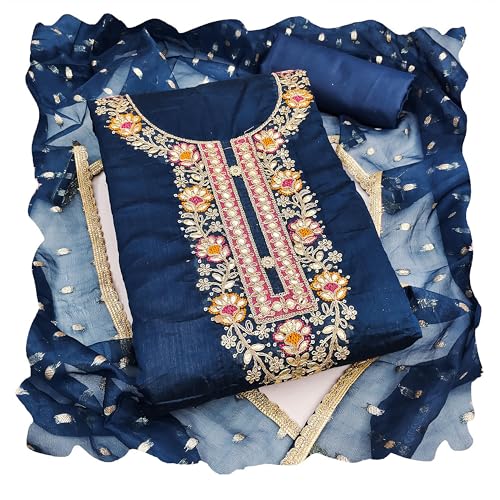 MANVAA Women'S Blue Unstitched Heavy Embroidery And Fancy Border Chanderi Cotton Dress Material (IN2052BLU)