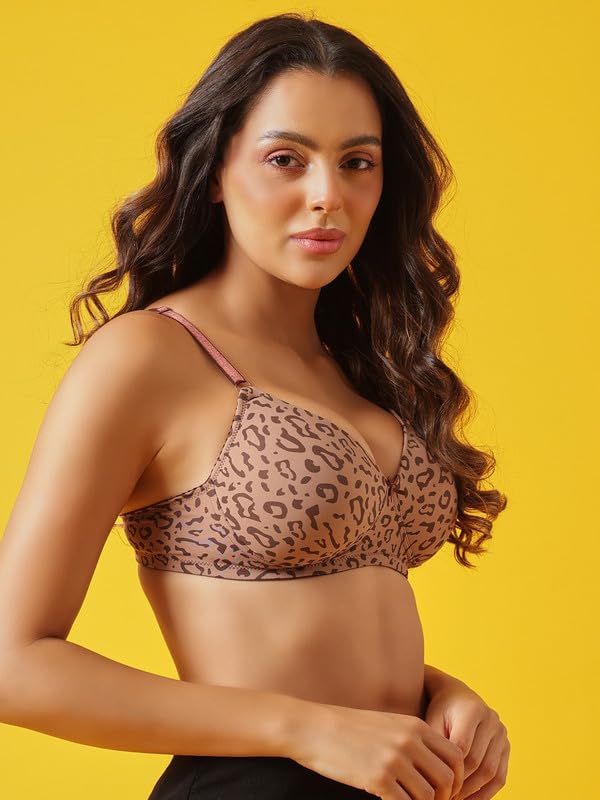 Clovia Women's Printed Padded Non-Wire Full Coverage T-Shirt Bra (BR0935P24_38B_Beige)