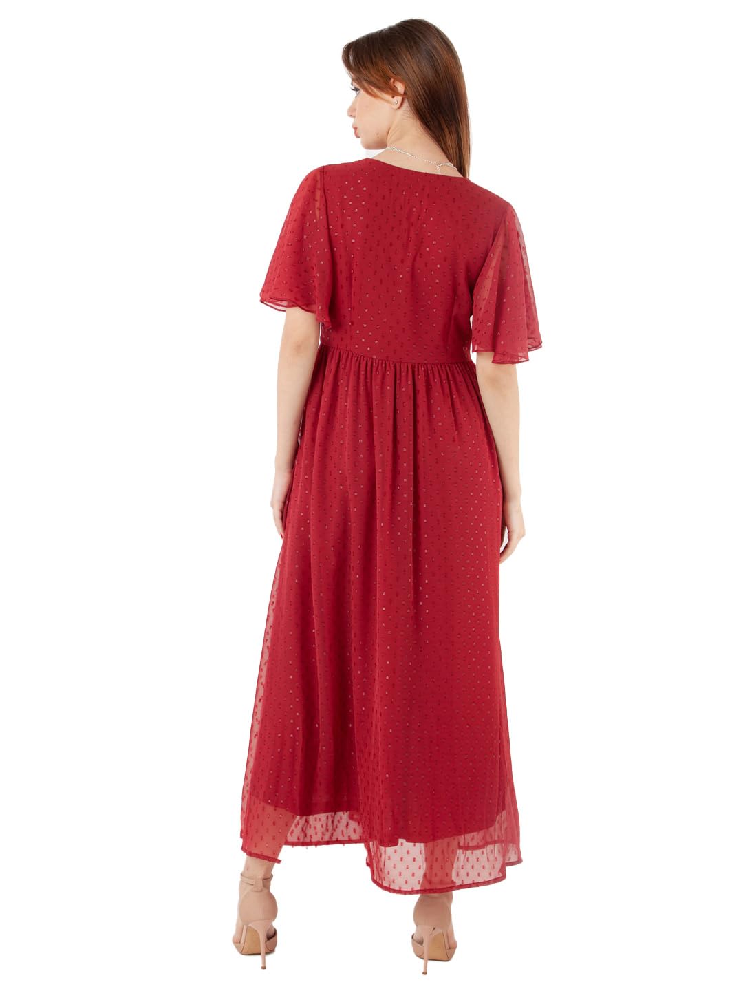Zink London Women's Maroon Self Design Regular Maxi Dress