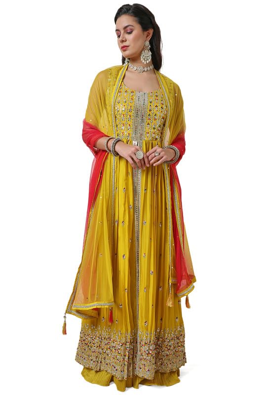 Soch Womens Yellow Sequin Embellished Georgette Blend Ethnic Gown