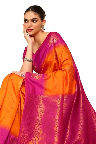 Soch Womens Orange Floral Zari Woven Design Silk Blend Saree With Tassels