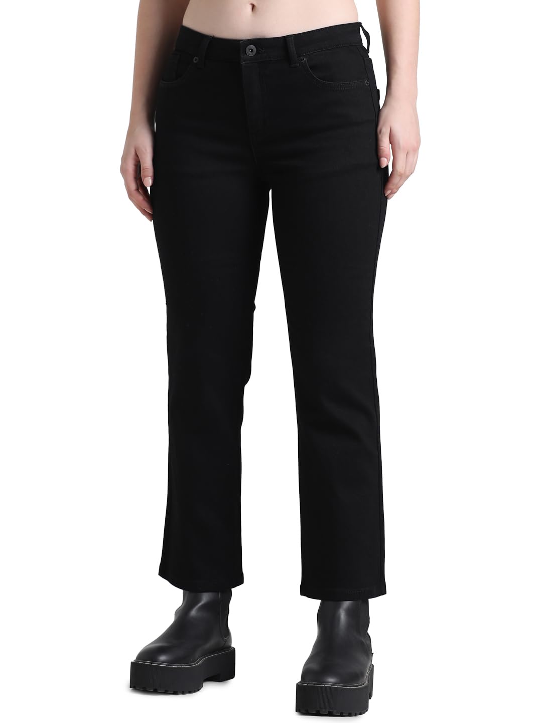 ONLY Women Solid Flared Fit Mid Rise Ankle Length Black Bootcut Jeans