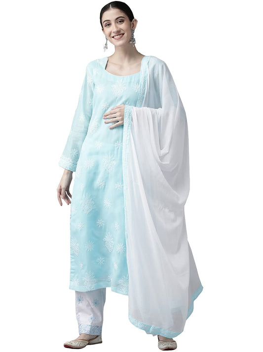 Ada Women's Cotton Dress Material Hand Embroidered Lucknowi Chikankari Unstitched Suit Piece A211208 Blue