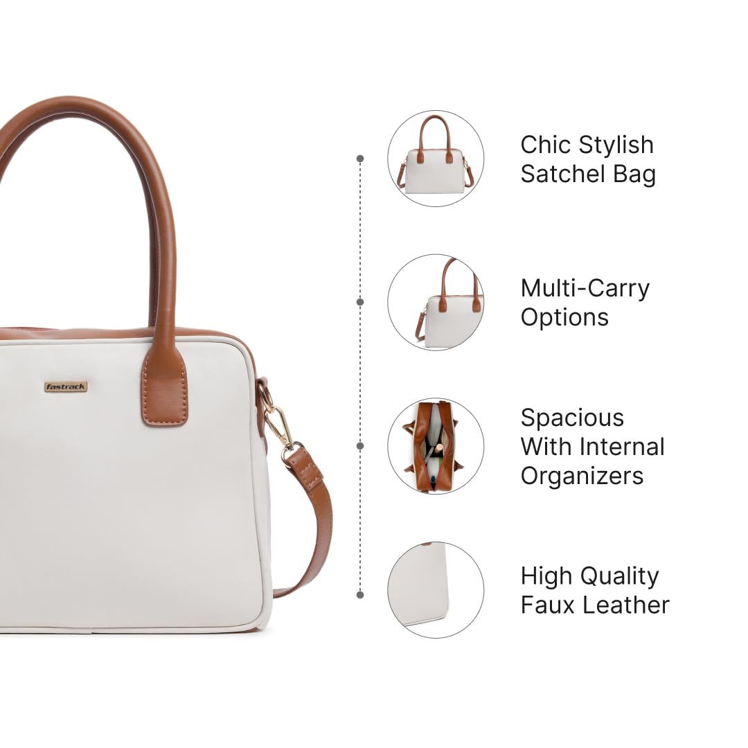 Fastrack Structured Satchel for Women | Stylish Satchel for Girls, Ladies, Women | Spacious Bag Made of Faux Leather (White)