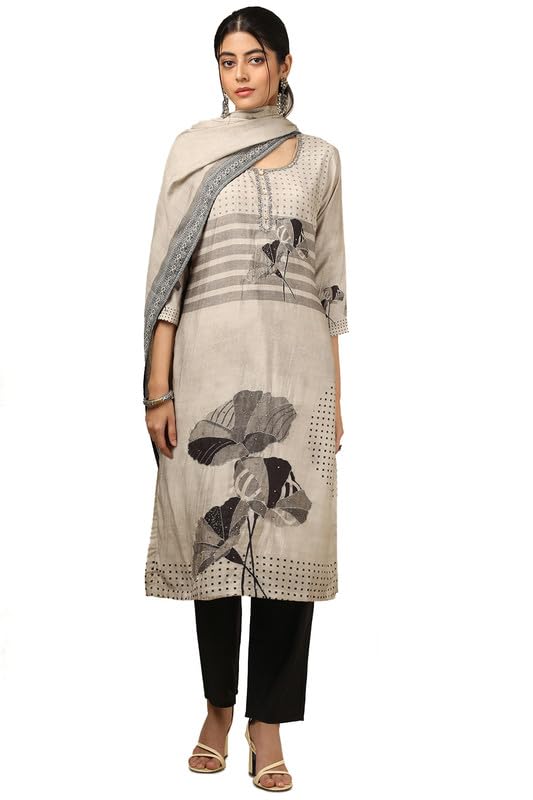 Soch Womens Beige Muslin Floral Print Suit Set with Cutdana