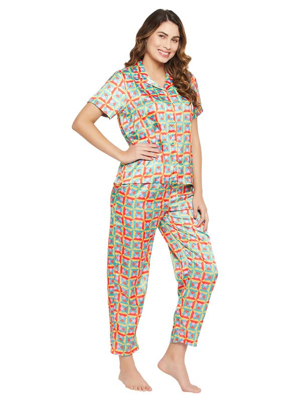 Clovia Women's Crepe Print Me Pretty Button Down Shirt & Pyjama Set in Multicolor (LS0385N19_Multi_M)
