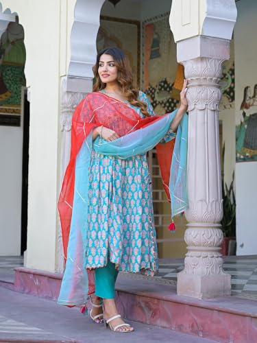 Divena Turquoise blue Floral Muslin Printed Kurta Pand with Dupatta