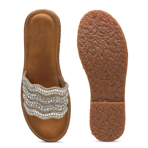 Marc Loire Women Embellished Ethnic Flats | Slip-On Open Toe Chappals | Indian Fashion Sandals with Comfortable Sole (Beige, UK Footwear Size System, Adult, Women, Numeric, Medium, 6)