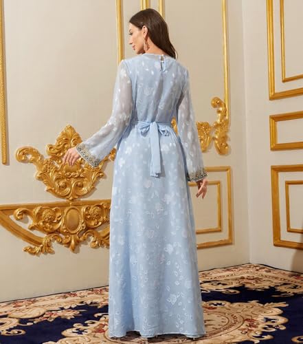 Embroidery Abayas for Women Muslim Moroccan Floral Maxi Kaftan Dress Arabic Islamic Dubai Robe Ramadan Prayer Clothes, Light Blue, S