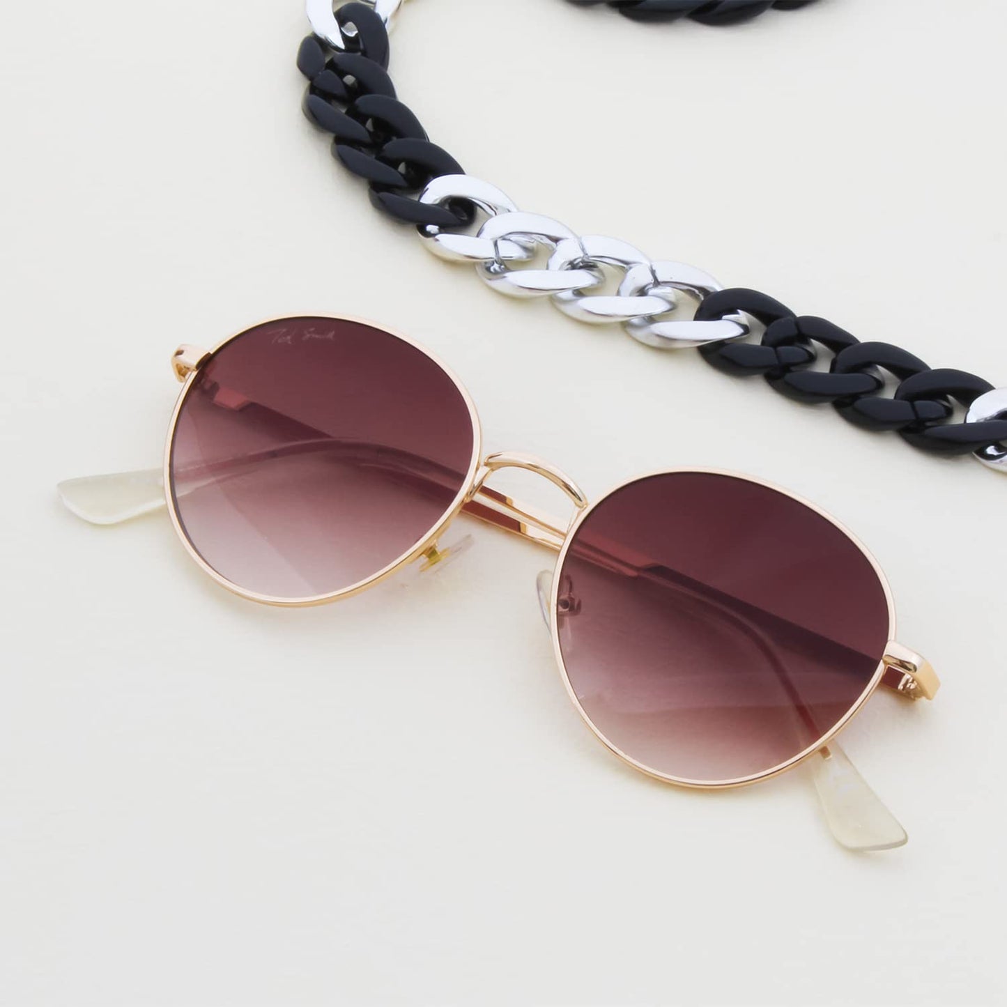 Ted Smith Men's Women's UV Protection Brown Pink Graded Lens Gold Round Sunglasses