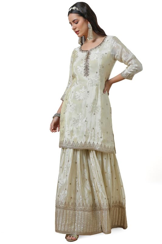 Soch Womens Cream Brocade Sharara Suit Set with Sequins