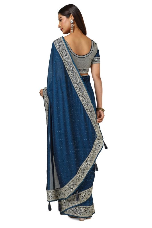 Soch Womens Blue Tussar Zari Embroidered Saree With Stone Work