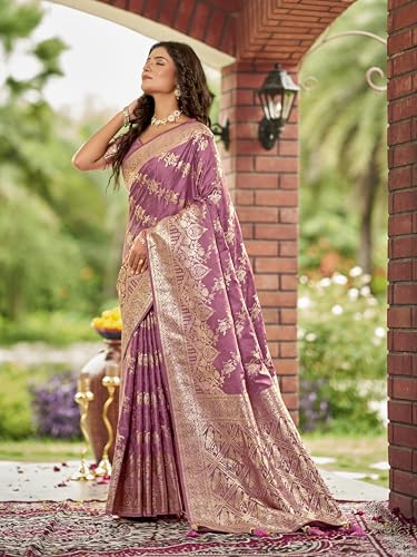 MANOHARI Women's Most Trendy Banarasi Satin Silk Woven Rose Pink Saree With Heavy Jacquard Work Saree With Blouse Piece_MN2026