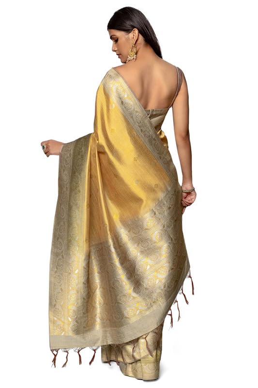 Soch Womens Mustard Tussar Zari Woven Saree With Tassels