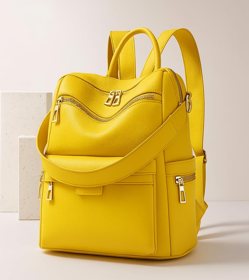 MomsyStore Medium Size Leatherette Backpack Purse for Women and Girls Convertible (YellowL)