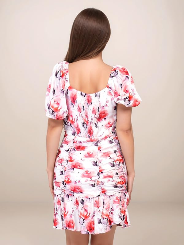 Zink London Women's White & Red Floral Prints Slim Fit Knee-Length Dress