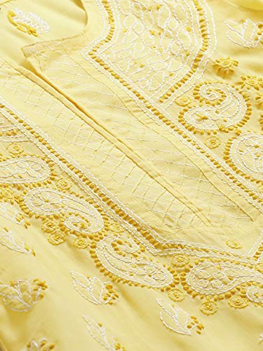 Ada Handcrafted Lucknow Chikan Women's Cotton Kurta with Trouser Set S811136_Yellow
