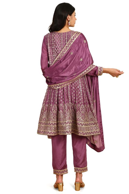 Soch Womens Purple Sequinned Embellished Chinon Suit Set with Dupatta