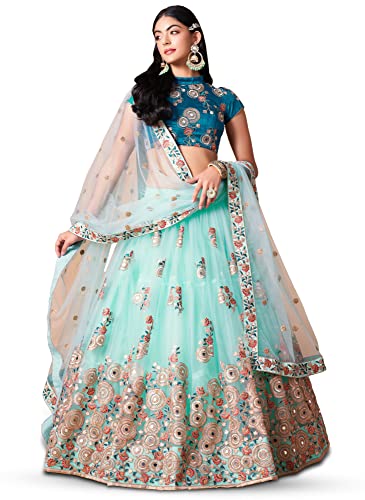 Zeel Clothing Women's Net Embroidered Semi-Stitched Bridal New Lehenga Choli with Dupatta (7320-SkyBlue-Wedding-Bridal-Latest; Free Size) (Sky Blue)