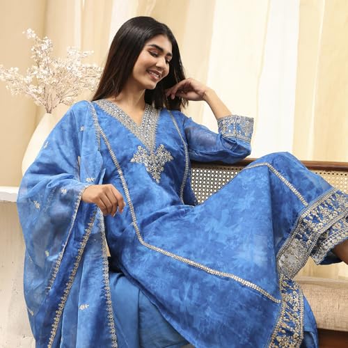 Biba Women's Polyester Kurta Set (SKDFST30509SS25BLU_Blue