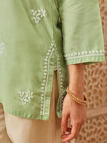 Ada Lucknowi Hand Embroidered Chikankari Cotton Short Kurta Kurti Tunic Top for Women A911551 Green (XL)