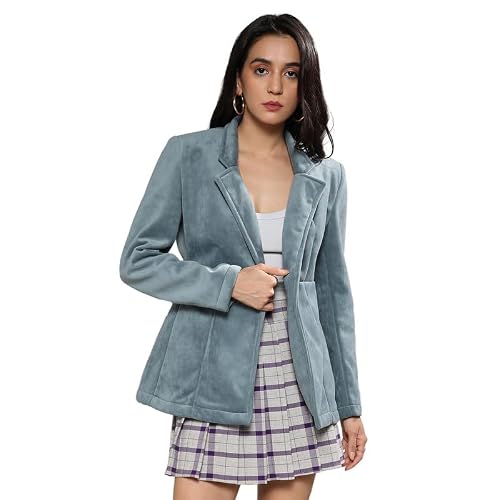 Campus Sutra Women's Prussian Blue Structured Single Breasted Blazer for Casual Wear | Lapel Collar | Long Sleeve | Button Closure | Velvet Blazer Crafted with Comfort Fit for Everyday Wear