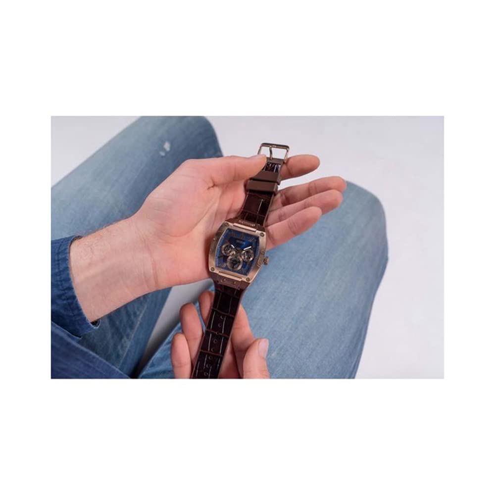 GUESS Chronograph Blue Dial Men's Watch-GW0202G2 Genuine Leather, Brown Strap