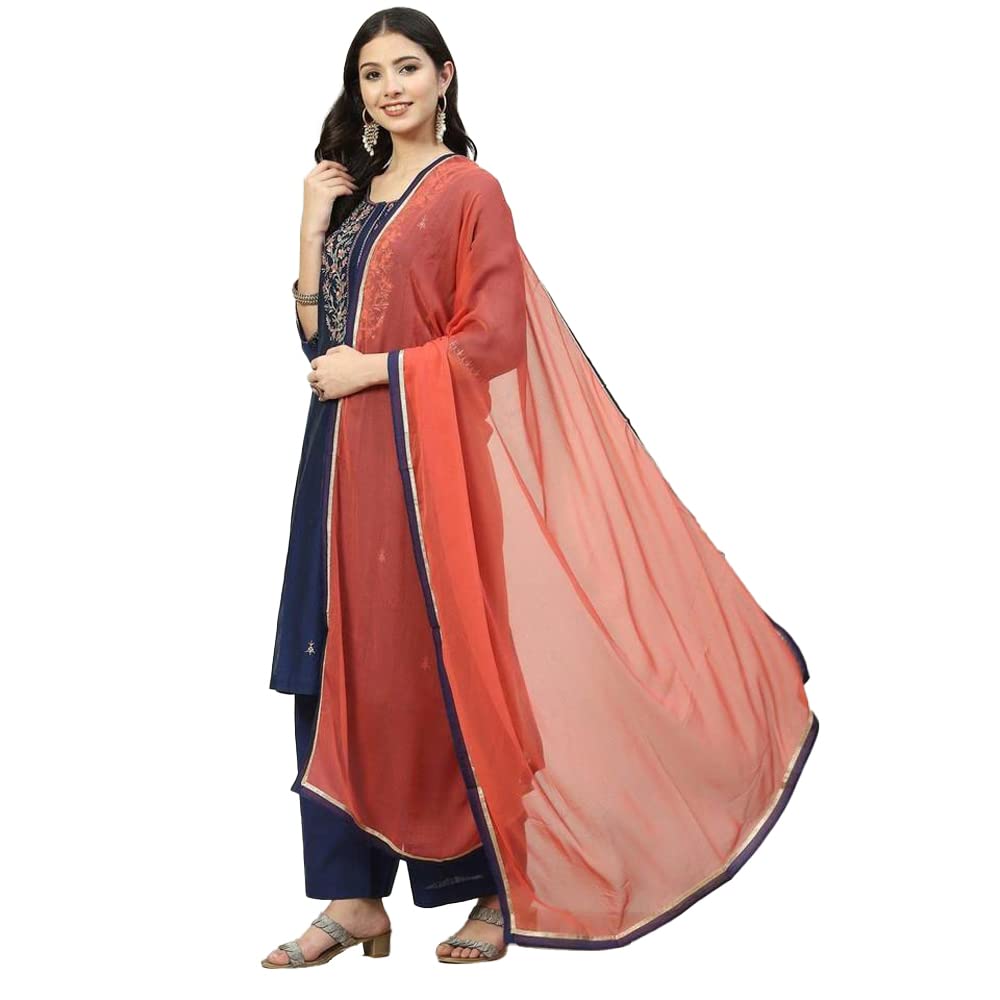BIBA Polycotton Women Embroidery Narrow Salwar Kurta Dupatta(Skdassorted8339_Navy Blue_42)