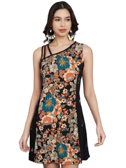 veldress21 Women Multicolor Short Mini Beachwear Flare Dress Summer Stylish Straps Embroidery Sides (in, Alpha, XL, Regular, Multi)