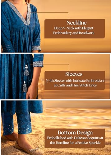Arangya Embroidered Neckline Blue Kurta & Sequin Work Pant l Pure Cotton Flared Ethnic Wear Suit Set l Festival