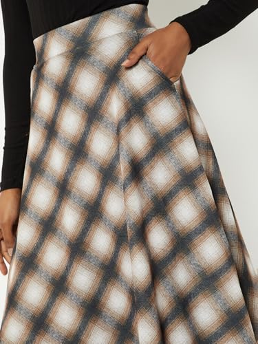 Max Women Checked A-line Midi Skirt (Beige_S)