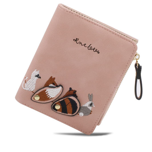 PALAY® Wallets for Women Stylish PU Leather Coins Zipper Pocket Cute Mini Animals Embroidery Short Wallet Card Holder Billfold Purse Wallet Gift for Girls (Pink)