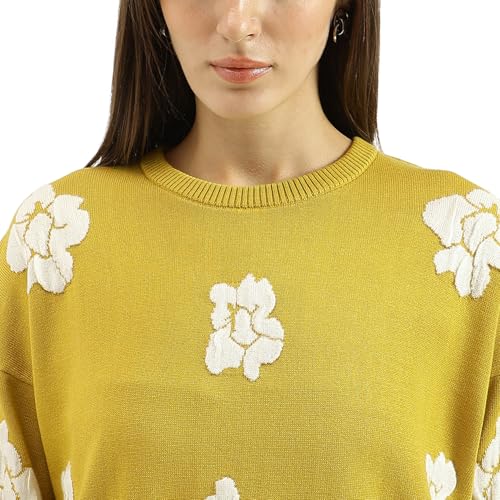 United Colors of Benetton Round Neck Floral Texture Sweater (Size: M)-25A1099W3172I26B Lime