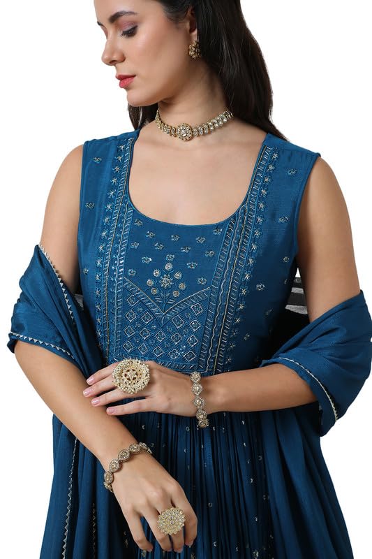 Soch Womens Teal Chinon Blend Embellished U Neck Gown with Sequins