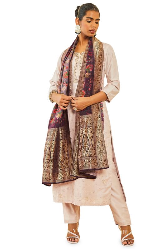 Soch Womens Blush Pink Silk Blend Floral Embroidered Suit Set with Contrast Dupatta