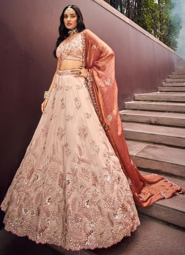 Woman's Rose Gold Viscose Embroidered Sequins Stunning Lehenga