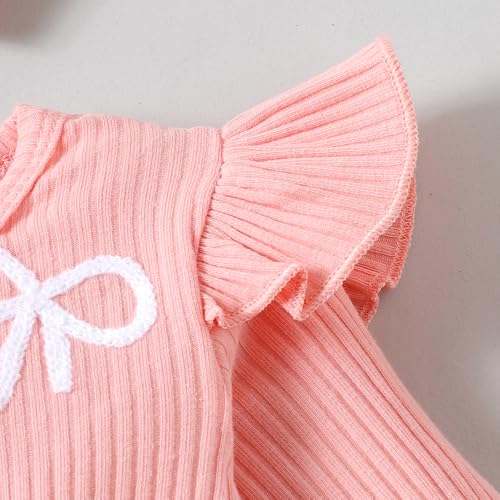 Hopscotch Girls Flutter Sleeve Bow Embroidered Onesie in Pink Color For Age (0-3 Months)