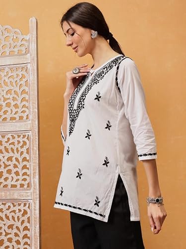 Ada Hand Embroidered Lucknowi Chikankari Cotton Short Kurti Top Tunic for Women A911479 White & Black (3XL)