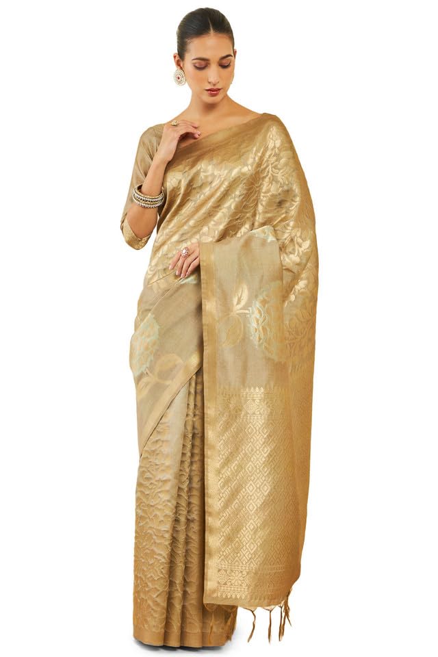 Soch Womens Beige Tussar Silk Saree With Zari Woven Floral And Foliage Designs
