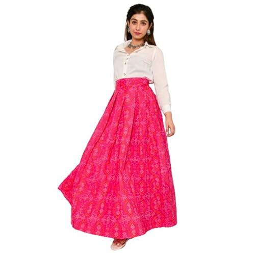 Aaheli Women’s Printed Bandhani Shirt and Skirt Set | Laasya Ethnic Co-Ord Set with Long Shirt and Flared Maxi Skirt | Traditional Festive Occasion Wear Outfit | White & Pink