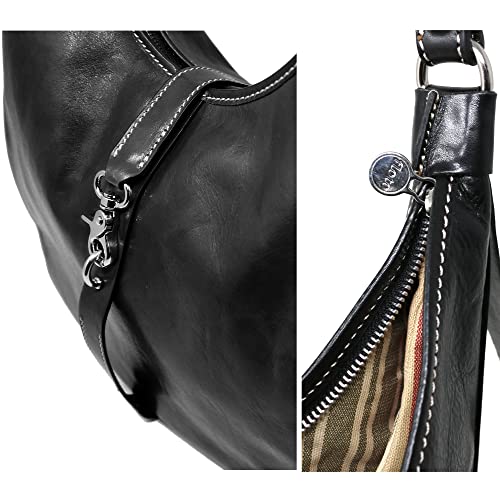 Floto Puglia Italian Leather Women's Shoulder Bag Handbag Purse, Black, Large
